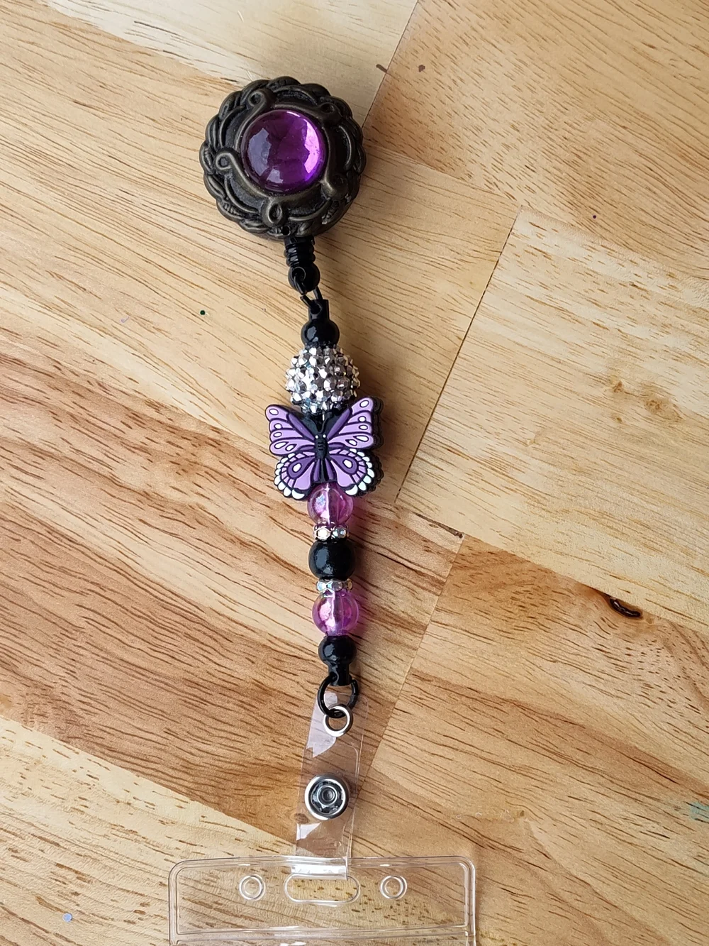 Purple Butterfly Beaded Badge Reel